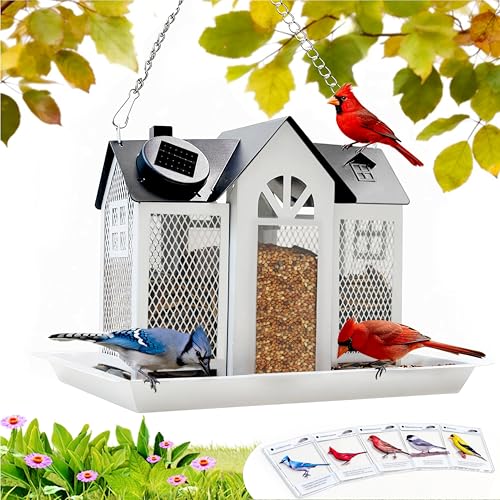 Solar Bird Feeder for Outdoors Hanging –Bird Feeders with Solar Light | Heavy Duty Metal Wild, with 5 Bird ID Cards, Chew Resistant Seed Feeder for Cardinal, Unique Gifts for Mom