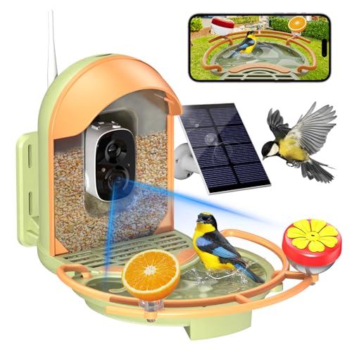 Bird Feeder with Camera, Bird Bath, Solar Powered, 2K HD, Wireless | Enjoy crisp 2K video, AI bird recognition, solar charging, bird bath design, night vision and instant app motion alerts. - color: Light Green, size: With BirdBath