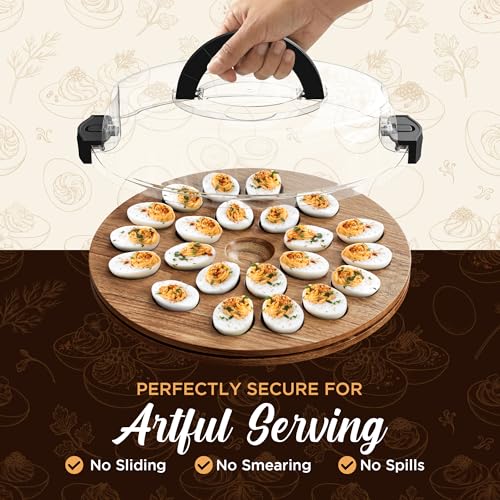 Trauful Deviled Egg Carrier with Lid and Handle | Reversible | Wooden Portable Deviled Egg Containers with Lid for Party Travel | Covered Platter Tray Holder | Holds 22 Eggs, Acacia Wood - color: Acacia