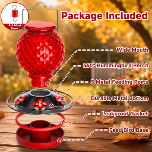 Glass Hummingbird feeders for Outdoors, 5 Feeding Ports Hummingbird Feeder, Wide Mouth for Easy Filling andCleaning, Hanging for Garden Backyard Decor, Includes Ant Moat (Red 1 Pack) - size: PACK 1