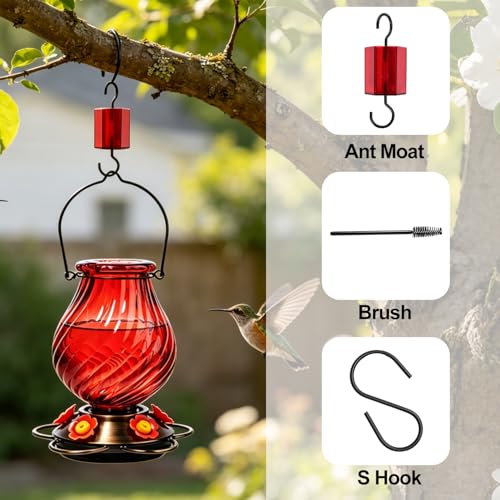 32oz Large Glass Hummingbird Feeders for Outdoors Hanging,Large Capacity Red Hummingbird Feeder with Built-in Ant Moat,Glass Humming Bird Feeder,Gifts for Mom Dad,Outside Garden Décor - color: Red-A