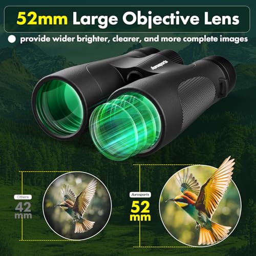 Aurosports 15x52 Waterproof Binoculars for Adults Hunting Binoculars Black | IPX7 Nitrogen-Filled, HD Optical System, BAK4 Prism, FMC, Low Light Vision, Bird Watching, Cruise, Travel, Stargazing - color: Black