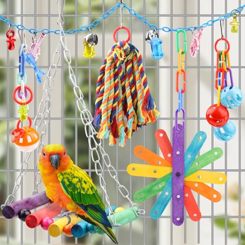 QUOZUO 9 Pcs Parakeet Cockatiel Bird Toys, Parrots Cage Accessories Swing Rope Hanging Wooden Perch Chewing Toy for Budgerigar, Parrot, Cockatiel