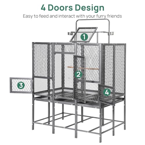 44" Carbon Steel Bird Flight Cage Detachable Playtop Indoor Outdoor | Heavy Duty Carbon Steel Flight Cage for Cockatiels, Parakeets, Conures & Lovebirds (Indoor & Outdoor Use) - color: grey with silver dots