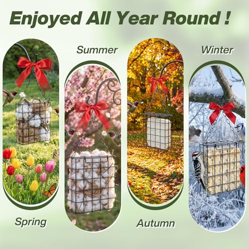 Bird Nesting Material Holder, Pet Fur Holder for Bird Nests, with Jute Fiber & Red Ribbon to Attract Wild Birds, Reusable Bird Nesting Holder for Nest Building