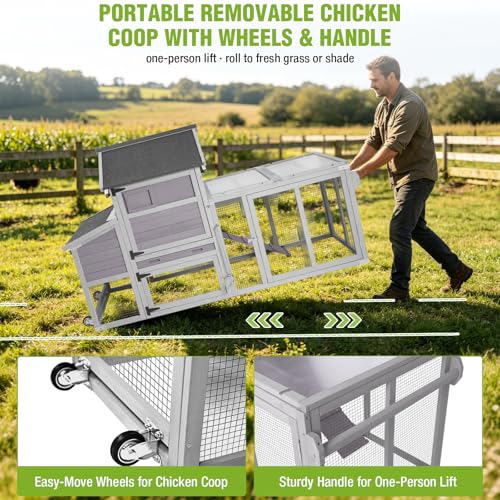 Gutinneen 77" Mobile Chicken Coop with Wheels for 4-6 Chickens, Expandable Wooden Hen House with Reinforced Nesting Box, Full-Cover UV Roof, Pull-Out Tray, Outdoor Duck Coop & Rabbit Hutch - color: (Grey-AIR27)