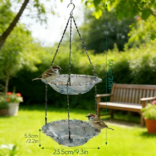2-Tier Hanging Bird Feeder & Bird Bath, Gray Plastic | Outdoor, Bird Water Bowl, Garden Yard Patio Decor
