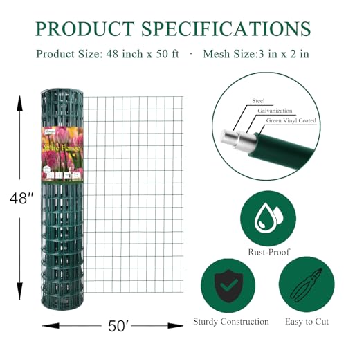 Green PVC Coated Welded Wire Fence 48" x 50' Roll, 2"x3" Mesh, 16 Gauge | Vinyl Coated Garden Fencing, Yard & Pet Barrier, Chicken Wire Fencing, Dog Enclosure Mesh, Vegetable Plant Protector - color: Green, size: 2''x3'' 16GA 48''x50'