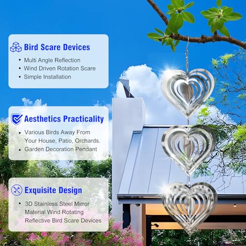 9 Pack Heart Shaped Mirror Reflective Hanging Wind Spinners, Stainless Steel 360° Swivel Decorative Discs, Weather Resistant Outdoor Ornaments for Yard, Patio, Balcony & Garden - color: Heart-shaped Silver White