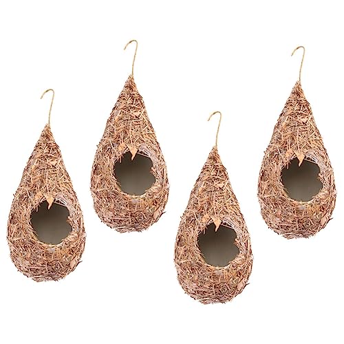 POPETPOP 4 Pcs Artificial Bird Nest Hanging Straw Bird House Grass-Woven Nest for Patio Garden Indoor Outdoor Decoration 9.05 X 2.75 X 3.14 in for Lovers
