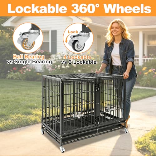 Homey Pet Taller 43" Two Tiers Dog Crate Cage Kennel with Divider, 6 Pack | Commercial Modular Dog Kennel with Dual Front Doors, Divider, Auto Locks, Removable Tray, Bowls for Small and Medium Dogs - size: 43"L - 2 Tiers - 6 Pack
