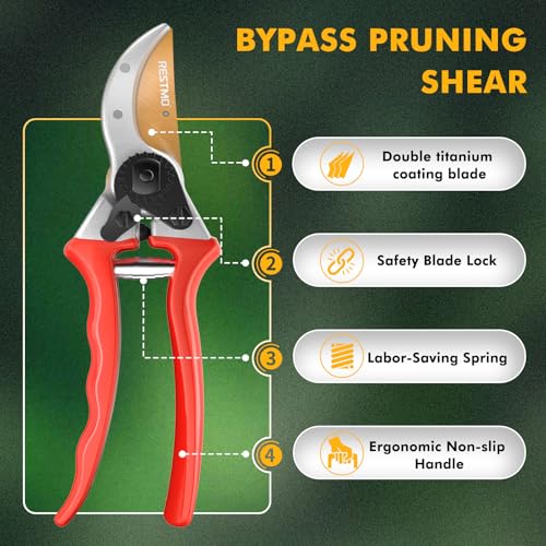 RESTMO Pruning Shears, 8.6 Inch, Titanium Blade, Bypass, Red | Professional garden shears. Premium SKS5 steel blade. Forged aluminum handles. Long-lasting sharpness. For gardening. - size: Garden Pruning Shears（Red）