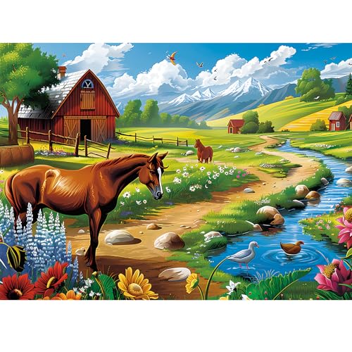 300 Pieces Puzzles for Adults WSCXSC Horse Animals Jigsaw Puzzles | Mountains Cabin Countryside Puzzles Pieces Fit Together Challenging Puzzle for Adult Children Thick Paper Elderly Gift Toy - color: Horse