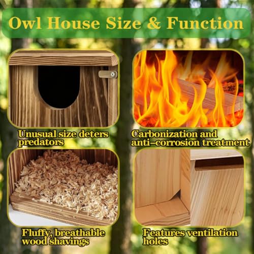 Carbonized Pine Owl Nesting Box, Outdoor Owl House 14"x9"x9" | Owl box with wood shavings, easy install. Natural wood, practical gift for bird and wildlife lovers.