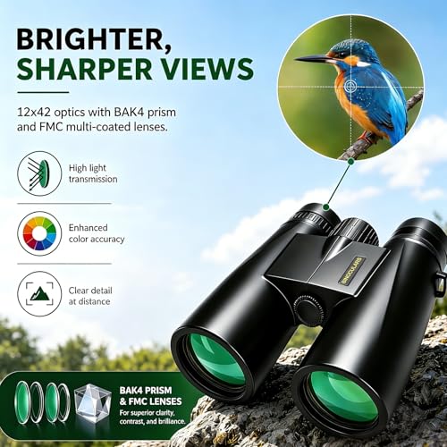 Asacam 12x42 Binoculars for Adults, HD BAK4 Prism for Bird Watching | High Powered Large Eyepiece, Lightweight Design for Travel, Hunting, Camping and Sports with Clear Viewing Experience - color: Dark Black