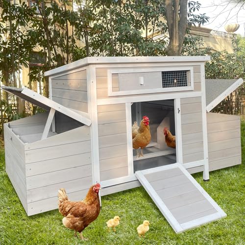 58" Wooden Chicken Coop wih 6 Nesting Boxes for 4-6 Chickens Light Grey | 2 Sides Large Nesting Boxes, For 4-6 Chickens, Poultry Hutch Rabbit Cage, No-Slip Ramp & Pull-Out Tray, For Outdoor Farm Yard - color: White Grey