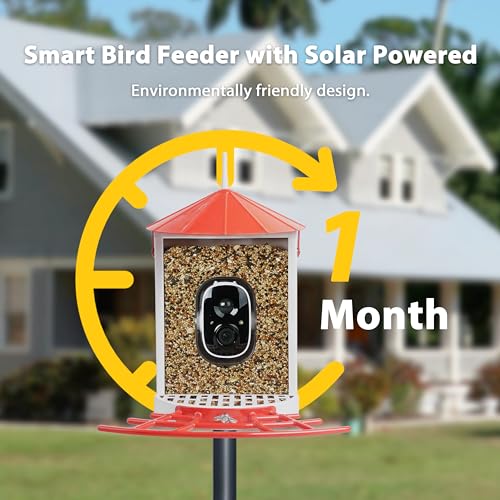 Smart Bird Feeder with Camera Solar, Auto Capture Bird Videos & Motion Detection, Birds Watching Camera Notify in Time, Metal Birds Feeder with Seed Guard, Ideal Present for Mom (Red) - color: Red