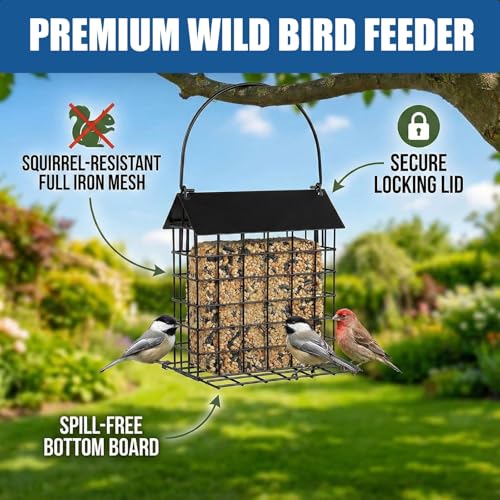 2Pcs Crow Blue Jay Peanut Feeder: Suet Cake & Bird Nesting Material Holder | Outdoor Hanging Bird Feeder Cage with Weatherproof Roof & Perch Fits Woodpecker Cardinal Mourning Dove Oriole, Blue Grosbeak - color: 2pcs black