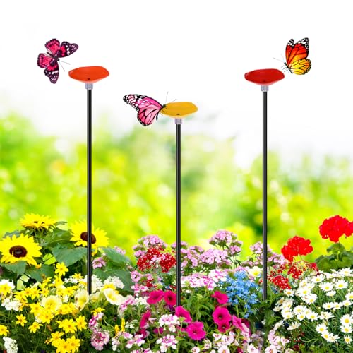Daifunli 3 Pcs Garden Flower Cups Butterfly Watering Station Set Bee and Butterfly Feeders Bird Bath Bowl with Metal Stake for Poppy Lawn Outdoor Garden Yard Patio Decor(Classic)