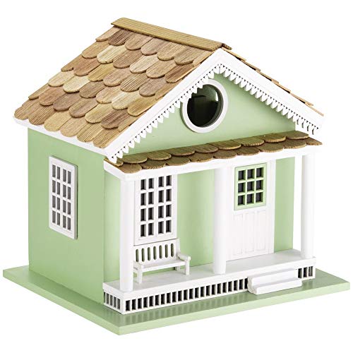 Decorative Wooden Birdhouse for Outdoor Hanging – Handcrafted Miniature Cottage Style with Blue Roof, Front Porch, and Balcony – Garden or Backyard Décor for Wild Birds (Green Lake House)