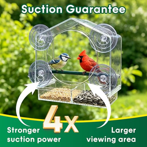Clear Acrylic Window Bird Feeder for Outside - Transparent Glass Mount Birdhouse with Strong Suction Cups & Tray - Easy Indoor Viewing for Cats, Kids & Elderly