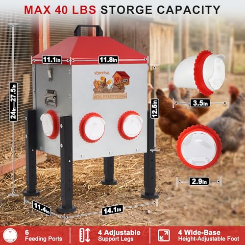 Automatic Chicken Feeder, 40LB Large Metal Poultry Chick Feeder with 6 Port | No Waste Metal Rat Proof Design With View Window And Adjustable Legs For Chickens, Ducks & Geese. Ideal Chicken Coop Feeder - size: 6 Ports - Max 40 lb