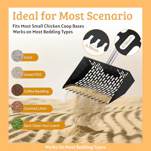 Metal Chicken Poop Scooper & Rake 2-in-1 Stainless Steel Shovel Head & Adjustable Handle with Ergonomic Grip Durable Sand Sifting Litter Shovel for Chicken Coops & Small Farm Animals