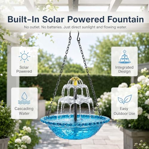 3-Tier Solar Powered Hanging Bird Bath Fountain, Integrated Solar Bird Bath for Outside, Cascading Water for Hummingbirds Wild Birds, Garden Patio Decor (Pink) - color: Pink