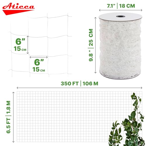 ATICCA Trellis Netting 6.5 x 350 ft Heavy Duty Polyester Plant Support Netting White - 6 Inch Garden Rope Trellis on Roll - Mesh Twine for Growing Vine Climbing Plants, Flowers, Peas, and Tomatoes. - size: 6.5x350ft Polyester Trellis Netting