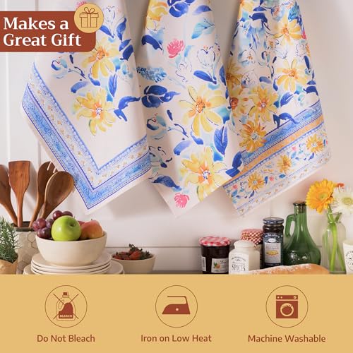 Maison d' Hermine Kitchen Towels Set of 3 Reusable 100% Cotton 27.50" x 20" | Cloth Tea Dish Towels Absorbent with Hanging Loop for Kitchen Dining Party Wedding Hotel Home Spring Summer - Girassol - color: 006 - Girassol
