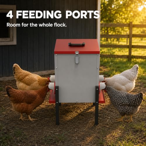 PETNF 55LB Automatic Chicken Feeder, 40L Metal No Waste Poultry Feeder with Rat-Proof Design, 4 Feeding Ports, Weatherproof Locking Lid, Height-Adjustable Legs for Chickens, Ducks and Geese