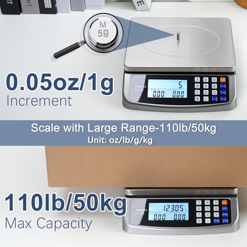 Atogou 110lb Food Scale, Commercial Kitchen Scale with Price Computing | Plug-in Usable, 0.05oz/1g Increment, 304 Stainless Steel, for Cooking, Vegetables, Farm, Industry, Counting. LC300 Grey - style: Grey 110lb/50kg