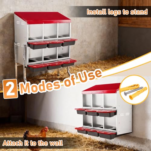 Outvita Chicken Nesting Boxes, 6 Compartments Metal Nesting Boxes for Chickens with Metal Legs, Wall/Floor Mount for Laying Eggs with Swing Perch and Roll Away Egg Collection for Chicken Coop, Red - color: Red, size: 33.5"L x 20.5"W x 37.8"H