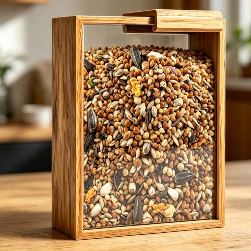Bird Seed Storage Container, 3L/3.2Qt Airtight BPA-Free Wooden Bird Food Container - Portable Pet Food Storage for Wild Bird Seed, Sunflower Seed & Mealworms, Natural Wood Seed Dispenser