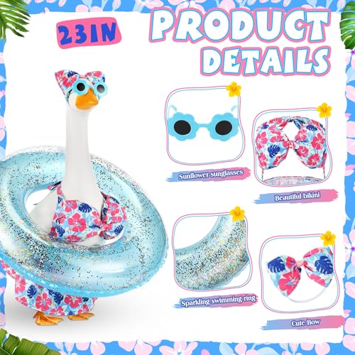 Bikini Porch Goose Outfits with Sunglasses and Swimming Tube for 23" Summer Goose Costume Garden Patio Statue Decor(Blue Monstera Leaf) - style: Blue Monstera Leaf
