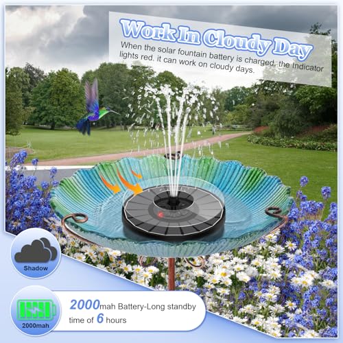 Yzert Solar Fountain with 2000mAh Battery & Innovative Indicator, 3.5W Glass Solar Water Fountain Pump Works in Cloudy Day with 7 Nozzles for Bird Baths, Gardens, Ponds, Pools, Outdoors (Black)
