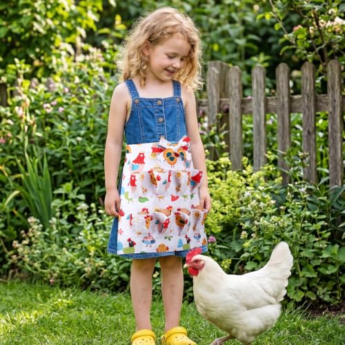 Egg Collecting Apron and Basket, 8 Pouches Chicken Egg Apron for Kids, 7 Pouches Egg Basket for Gathering Fresh Eggs - color: White
