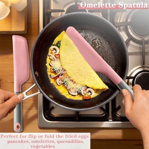 Silicone Omelette Spatula Turner, Flip Fold Omelet Turner, 13Inch | Flexible Egg Flip Tool for Non-stick Pans, Heat Resistant omelette flipper for Kitchen Omelet Pancake Crepes - color: Pink-Narrow