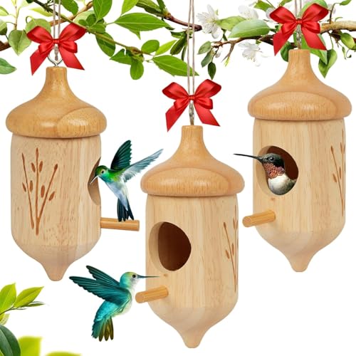 Hummingbird House, Small Hummingbird Houses for Outside | Wooden Bird House with Bow, String, Cute Gardening Gifts Home Decoration, Attractive Hummingbird Garden Decor - color: Style-3, size: 3 Pack