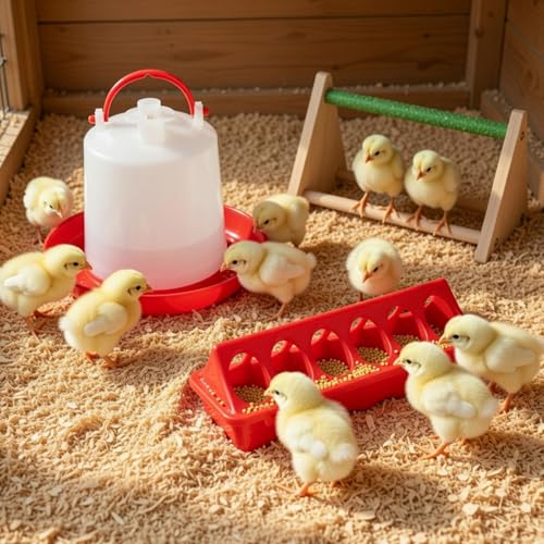14 Pcs Chick Feeder and Waterer Kit with Wooden Perch Baby Poultry Starter Set 1.5 L Feeding Dispenser for Small Poultry Ducks Quail Pigeon Coop and Brooder(White) - color: White