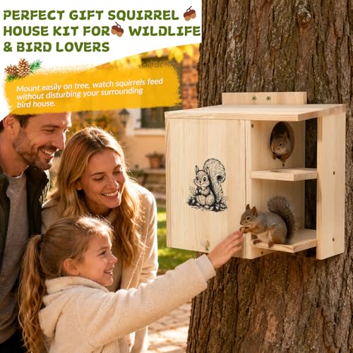 Large Widened Squirrel House for Outside, Waterproof Squirrel Nesting Box | External Platform & Porch, Anti-Predator Squirrel Box for Backyard, Solid Pine Wood, Easy to Assemble, DIY, 16×14.5×8 Inch