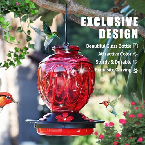 2 Pack Glass Hummingbird Feeder for Outdoors Hanging, 24Ozs Humming Bird Nectar Feeder w/Perch, 5 Flower Feeding Ports, Leak Proof Base and Hook for Outside Garden Backyard Decor, Red - color: Red-2