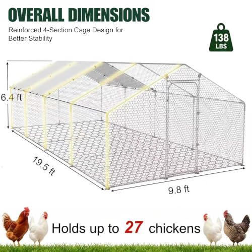 HERBAN 2026 Upgraded Large Metal Chicken Coop with All-Around Hardware Cloth, 9.8x19.5x6.4 ft Walk-in Outdoor Chicken Run Pen for Backyard with Cover, Spire Roof Poultry Cages - size: 234.0"L x 117.6"W x 76.8"H