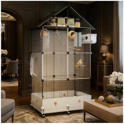60in Large Flight Bird cage, Equipped with Bird's Nest， Ladder, Swing, Feeder, etc. with Wheels for Easy Outdoor Movement, Suitable for Parrots, Pigeons (Black) - color: Black