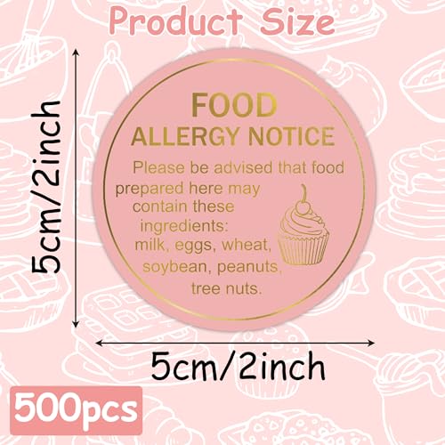 Food Allergy Notice Stickers - 500 Count Allergen Warning Label Gold Foil Adhesive Round Decal Roll, Food Alert Safety for Restaurant Home Kitchen Bakery Cake Shop (2 x 2 Inch, Pink) - color: Food Allergy Pink