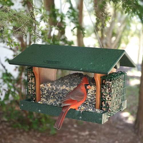 DutchCrafters Poly Hanging Large Hopper Bird Feeder with Two Suet Cake Holder Cages, Durable Long Lasting Outdoor Bird Feeder - Amish American Made in USA (Tudor Brown & Weatherwood) - color: Hanging - Tudor Brown & Weatherwood