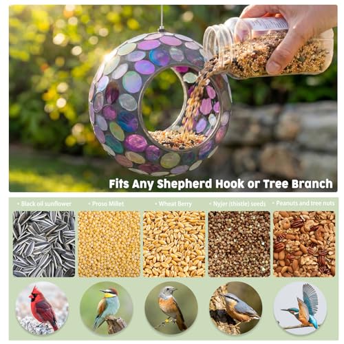 VCUTEKA Mosaic Bird Feeders Fly Through Hanging Birdfeeder for Garden Decor | 7 in Mosaic Glass Bird Feeeder for Outdoors, Purple Round Shape Glass Container Attract Wild Birds for Backyard Porch Decor - color: Black