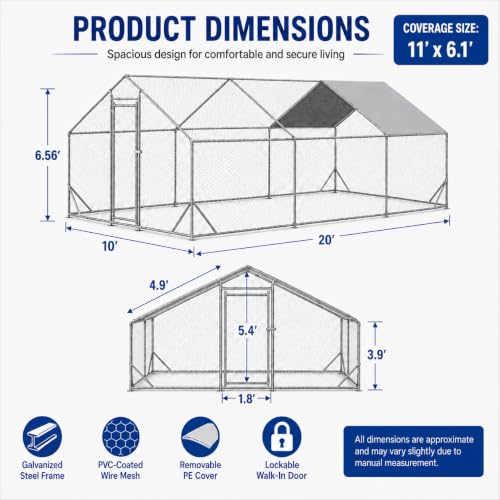 Large Metal Chicken Coop Run with Removable PE Cover, Walk-in Galvanized Steel Poultry Enclosure with PVC-Coated Wire Mesh and Lockable Door for Chickens, Ducks and Rabbits (10' Lx20' Wx6.56' H) - size: 240.0"L x 120.0"W x 78.7"H