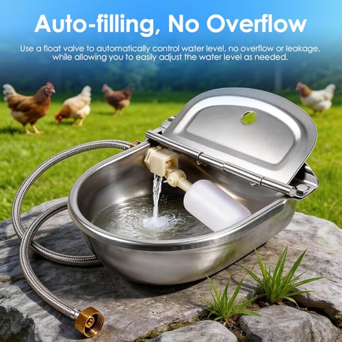 Metal Automatic Chicken Waterer, Duck Waterer No Mess | Stainless Steel Outdoor Wall Mounted Chicken Water Dispenser with Float Valve, Hose and Drain Plug for Chicken Coop