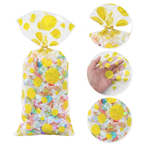 Polka Dot Cellophane Bags, 100pcs Clear Treat Bags, Plastic Christmas Cello Bags Sweets Bags with 100 Twist Ties for Goodie, Cookies, Nut, Wedding Birthday Easter Party Favor Supplies (4 Pattern)